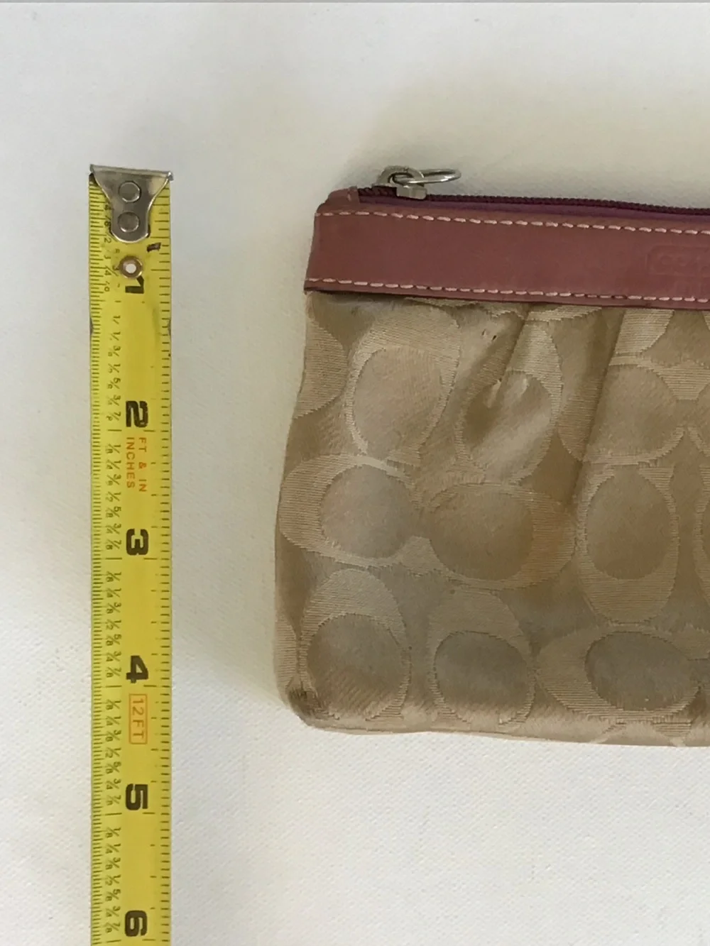 Coach Signature Canvas Zip Cosmetic Pouch Makeup Bag Khaki Mauve